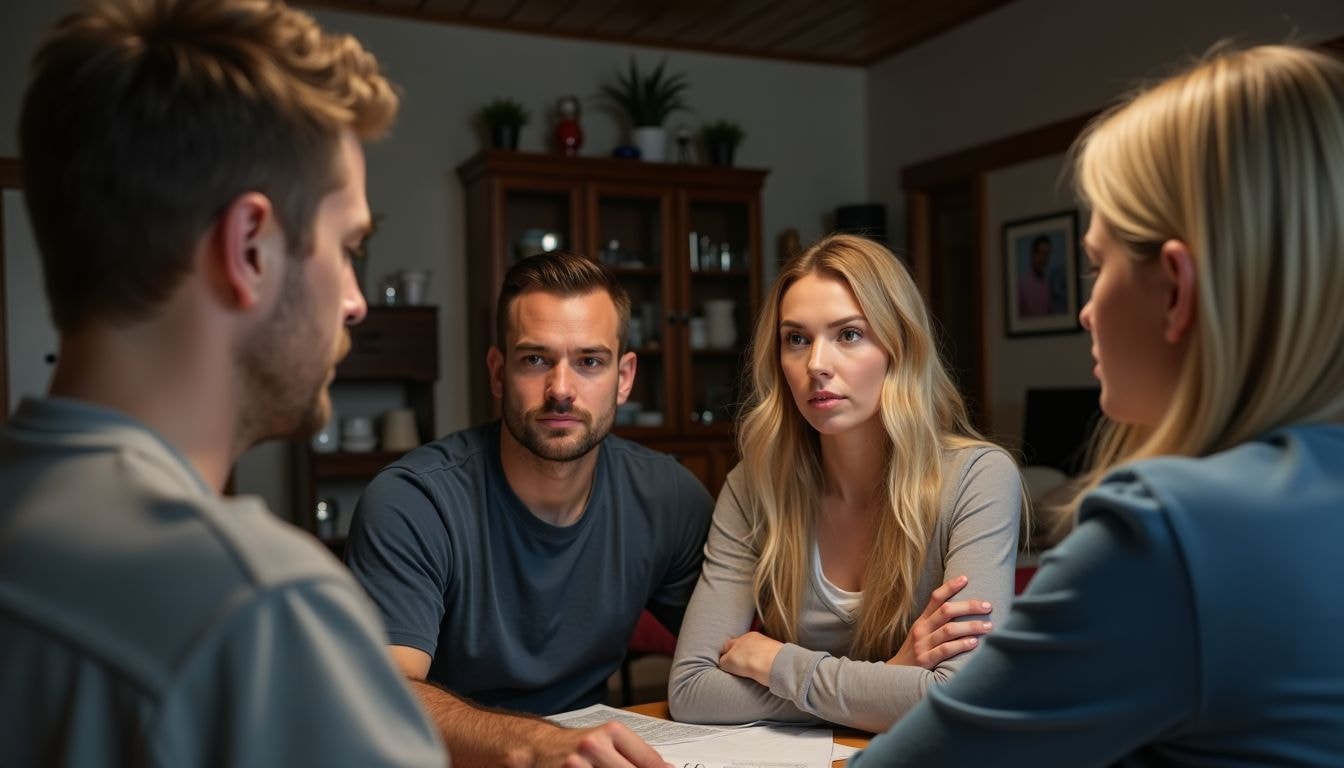 A family in Colorado discusses custody arrangements in a cluttered living room.