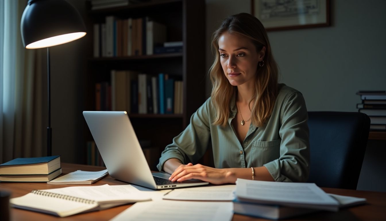 A woman in her 30s working on a family court appeal.