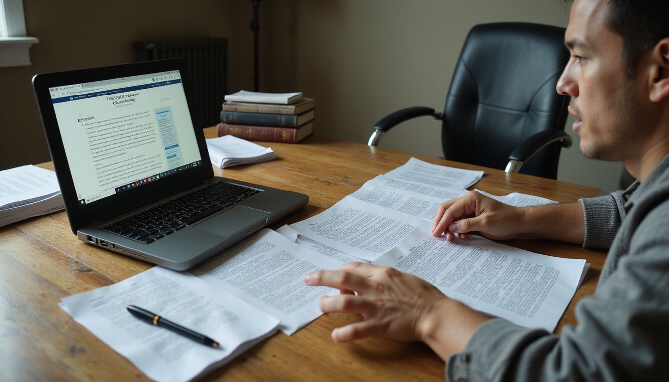 A cluttered home office desk with legal documents and laptop. Divorcing in Colorado Springs, Colorado